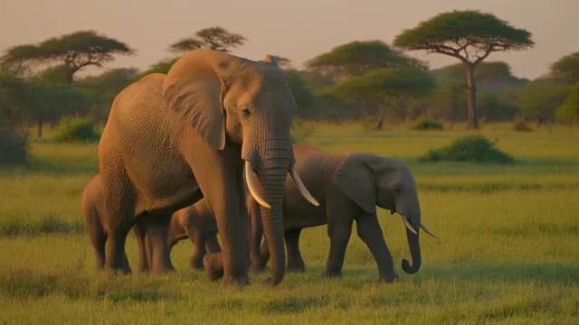 African Elephant Family Walking Through Savanna at Golden Hour