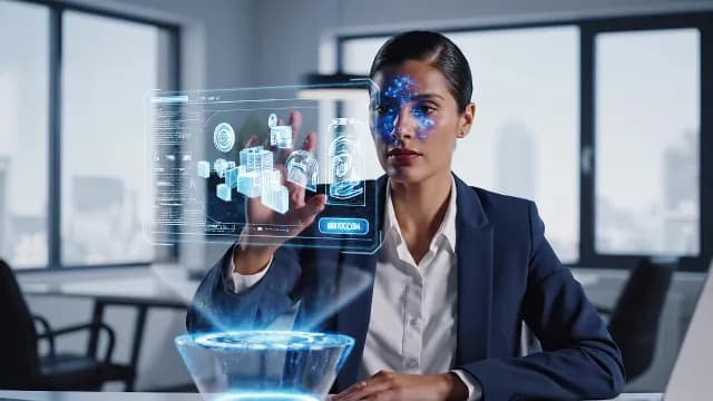 Businesswoman Interacting with Futuristic Holographic 3D Interface