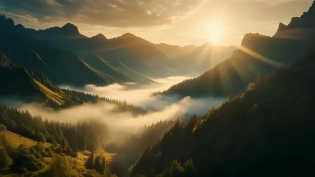 Cinematic Sunrise Over Misty Mountain Valley and Evergreen Forest