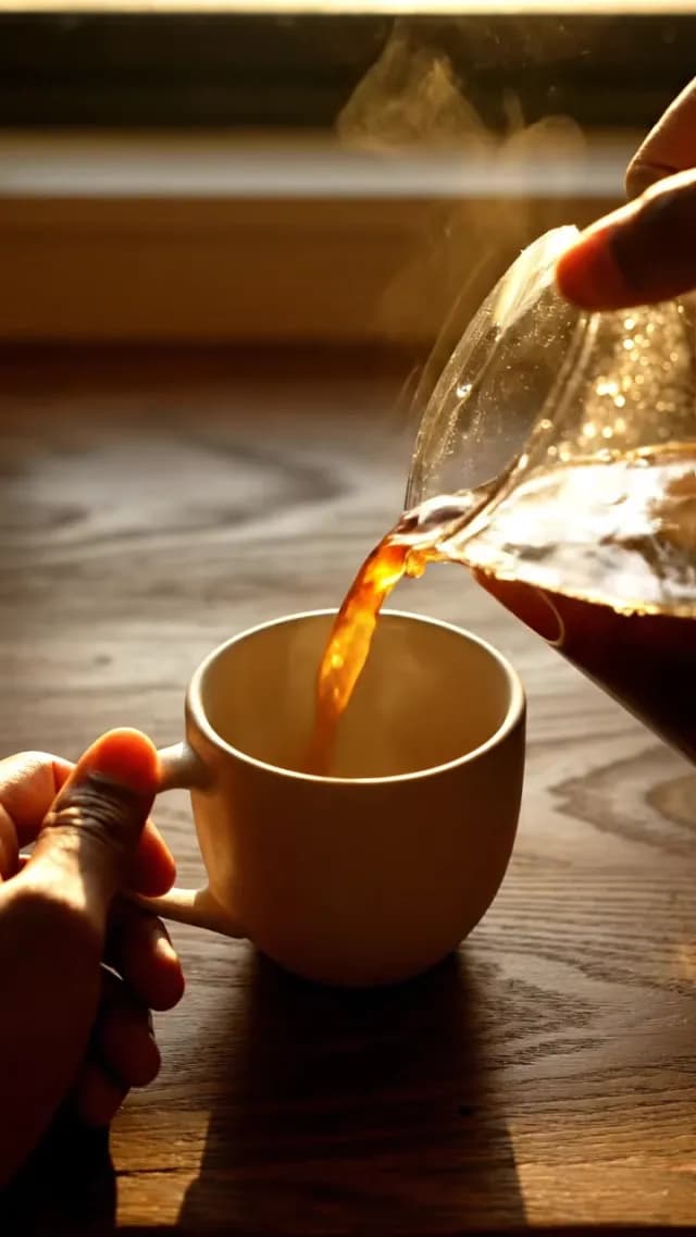 Pouring Fresh Hot Coffee into Cup in Morning Sunlight