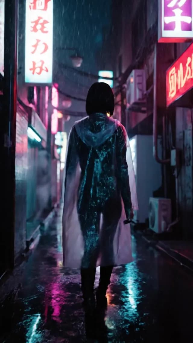 Woman in Raincoat Walking Through Neon Tokyo Alley at Night