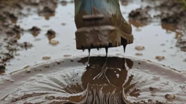 Close-up of Rubber Boot Stepping into Thick Mud Puddle