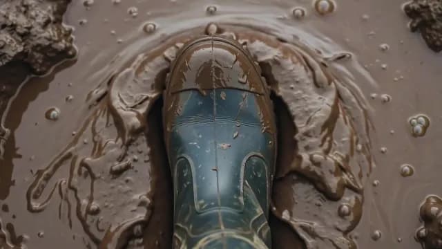 Close Up of Rubber Boot Sinking in Wet Thick Mud