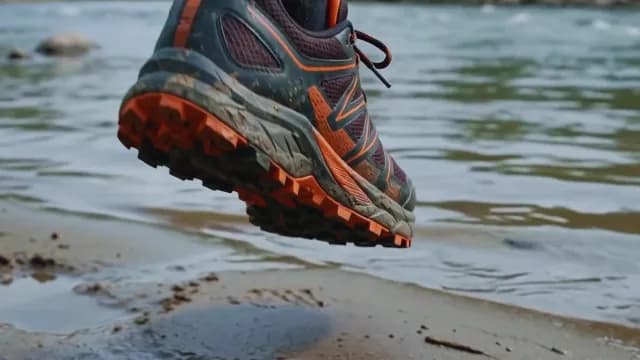 Close-Up of Muddy Trail Running Shoe by Riverbank