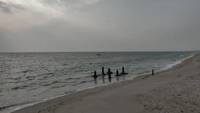 Moody Coastal Landscape with Old Pier Pilings and Distant Boat in Dwarka