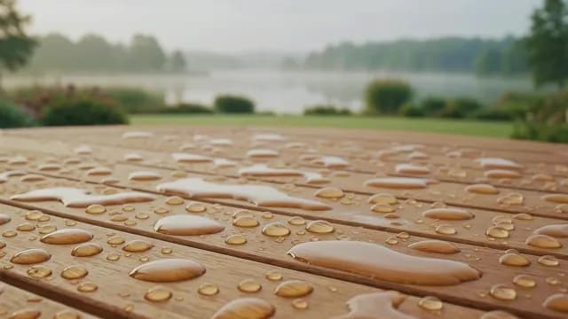 Morning dew on wooden deck with misty lake background