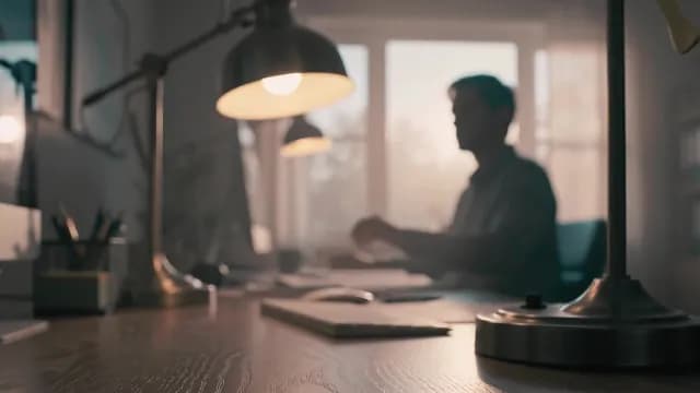 Blurred Man Working at Desk in Warm Home Office Lighting