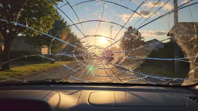Shattered Car Windshield at Sunset on Residential Road