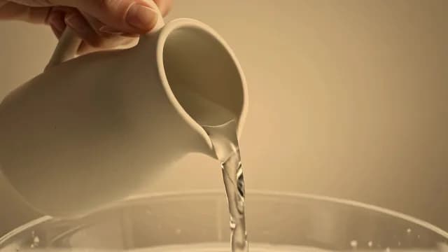 Pouring Fresh Water from White Ceramic Pitcher into Glass Bowl