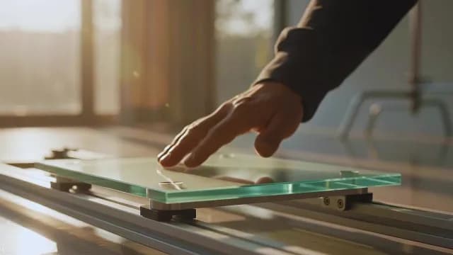Person Touching Modern Glass Panel Surface in Sunlit Tech Studio