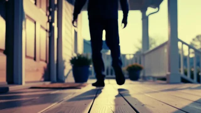 Man Walking Away From House on Wooden Porch at Sunrise