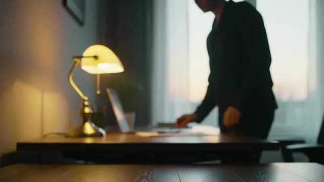 Blurred Professional Working at Home Office Desk with Vintage Lamp