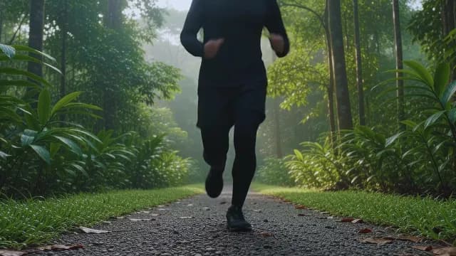 Man Jogging on Forest Trail During Misty Morning