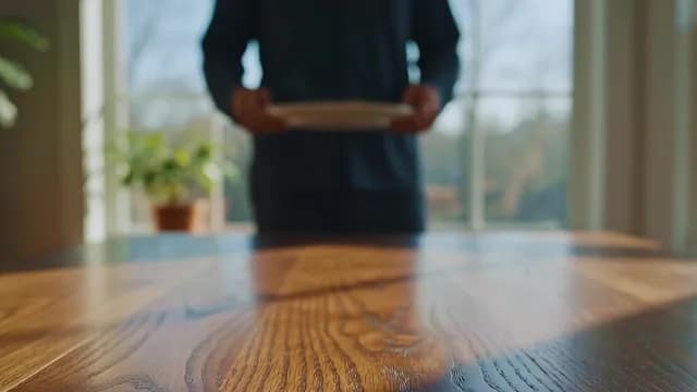 Person Carrying Plate to Sunlit Wooden Dining Table