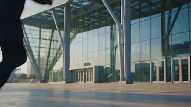 Person Running Past Modern Glass Architecture at Sunset