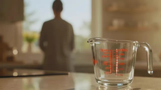 Glass Measuring Cup on Kitchen Counter with Person in Background