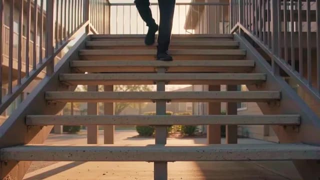 Person Walking Down Outdoor Apartment Stairs at Sunset