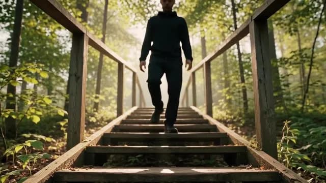 Man in Sportswear Walking Down Sunlit Forest Stairs