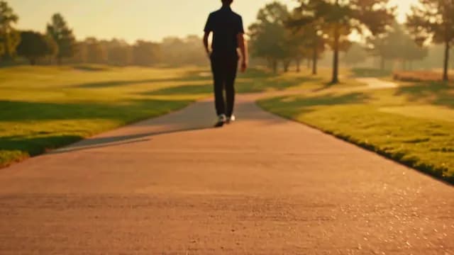 Golfer Walking on Lush Green Course at Sunrise