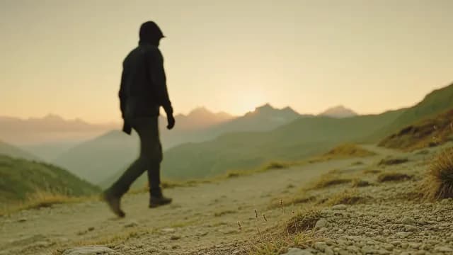 Silhouette of Hiker Walking on Mountain Trail at Golden Sunset