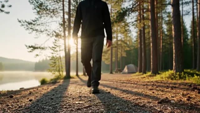 Man Hiking Near Lakeside Campsite at Sunrise