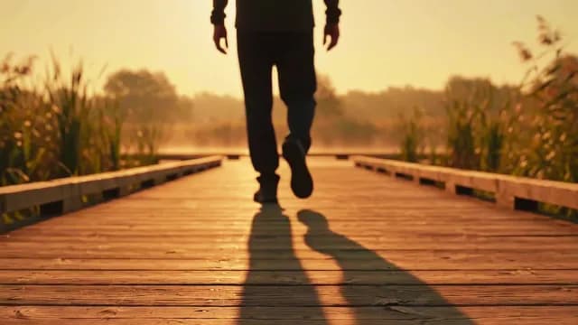 Man Walking on Wooden Pier at Golden Sunrise