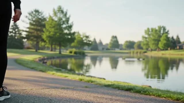 Active Person Walking Along Scenic Suburban Lake Path at Sunrise