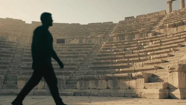 Silhouette of a Man Walking Through an Ancient Stone Amphitheater