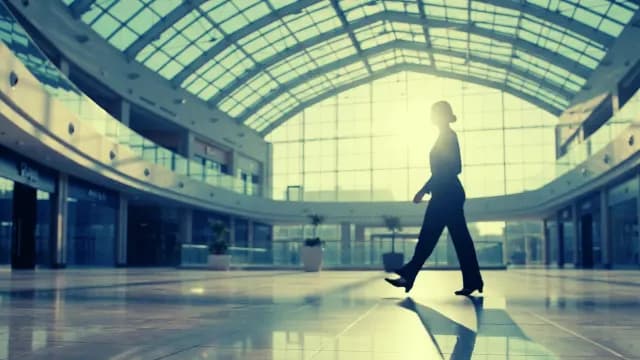 Silhouette of Businesswoman Walking Through Sunlit Modern Office Atrium
