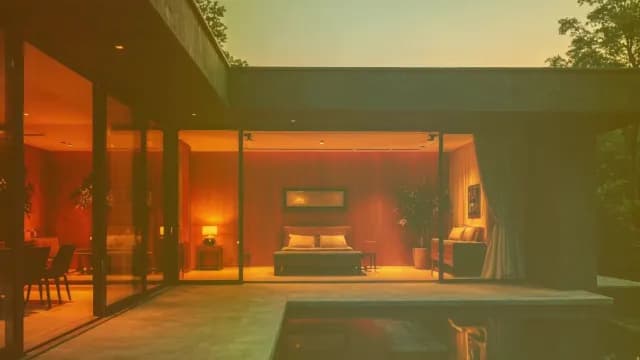 Luxury Modern Villa with Pool and Illuminated Bedroom at Sunset