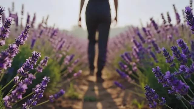 Woman Walking Through Vibrant Lavender Field at Golden Hour