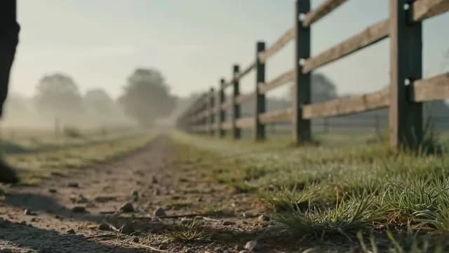 Misty Morning Over Rural Path and Wooden Fence