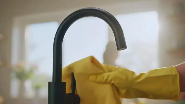 Person Cleaning Matte Black Kitchen Faucet with Yellow Cloth
