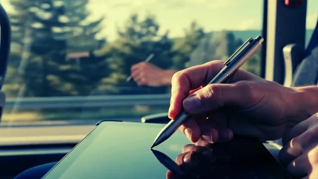 Person Using Stylus on Digital Tablet While Traveling on a Bus