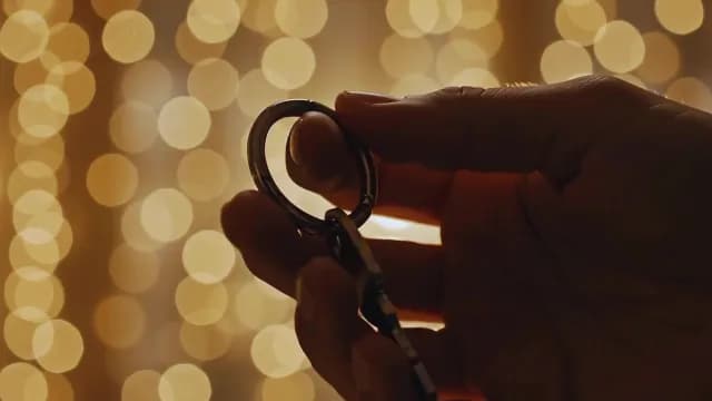 Hand Holding Metal House Key Against Warm Bokeh Lights