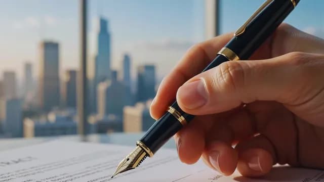 Businessman Signing Legal Contract with Luxury Fountain Pen in Office