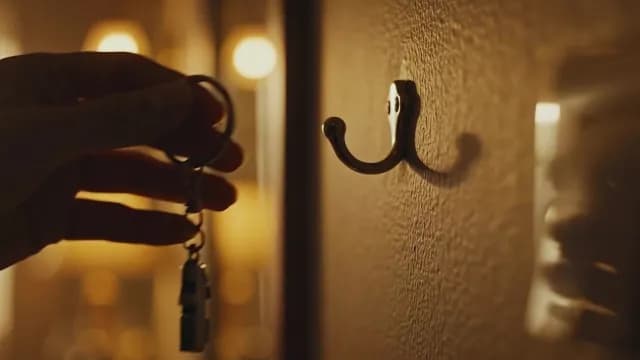 Hand hanging house keys on a wall hook