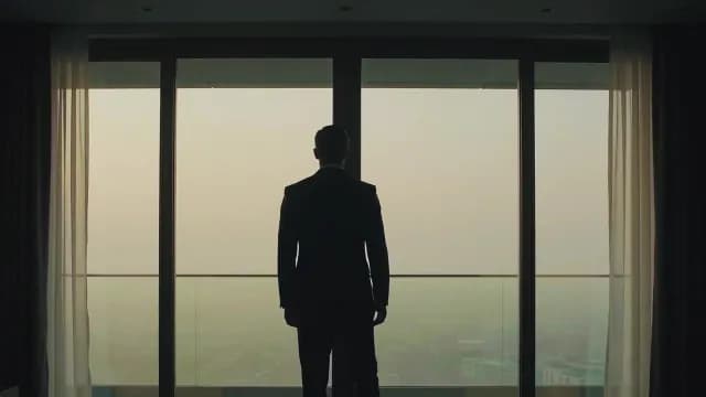 Silhouette of Businessman Looking at Hazy City Skyline