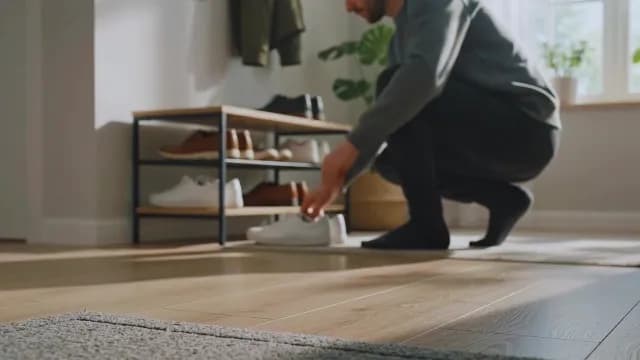 Man Picking Up White Sneakers From Hallway Shoe Rack