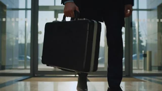 Businessman Carrying Briefcase Walking Through Modern Office Building Entrance