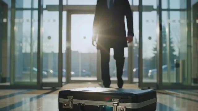 Businessman Walking Towards Briefcase in Sunlit Corporate Lobby
