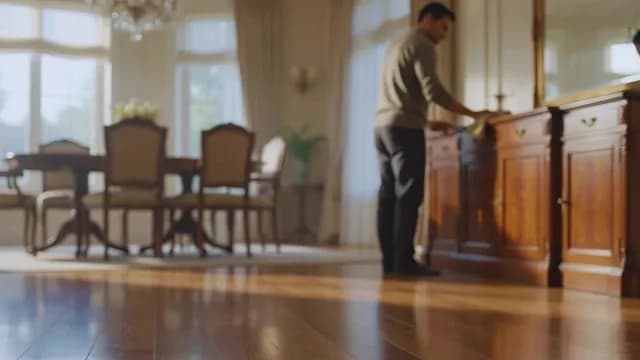 Man Cleaning Wooden Sideboard in Sunlit Elegant Dining Room