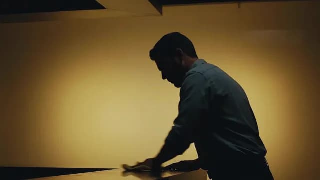 Silhouette of Man Cleaning Counter in Dimly Lit Room