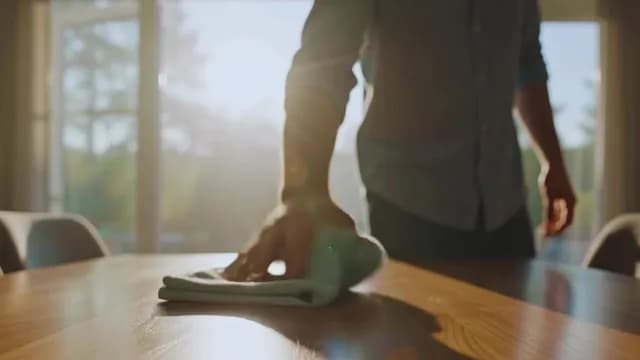 Man Cleaning Wooden Table Surface with Cloth in Sunlit Room