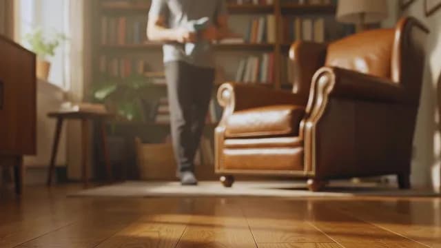 Man Walking in Cozy Home Library with Leather Armchair