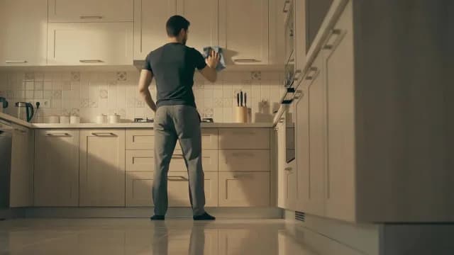Man Cleaning Kitchen Cabinets in Modern Home