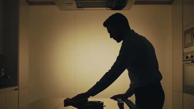 Silhouetted Man Cleaning Modern Kitchen Countertop in Warm Light