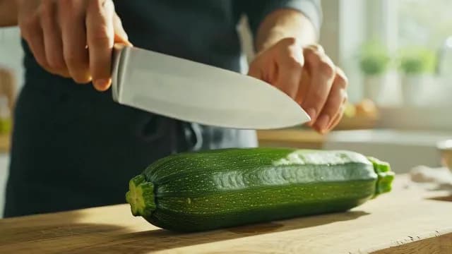Professional Chef Slicing Fresh Green Zucchini on Wooden Board