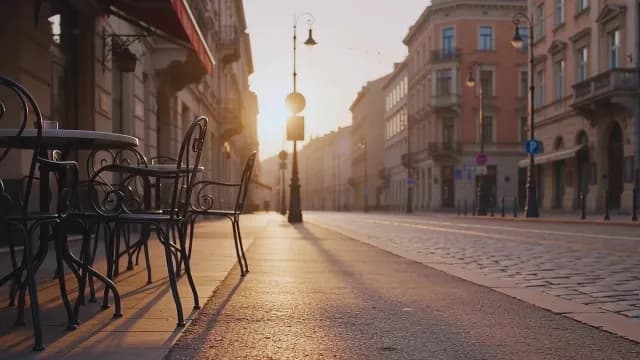 Golden Hour Over Empty European City Street and Sidewalk Cafe