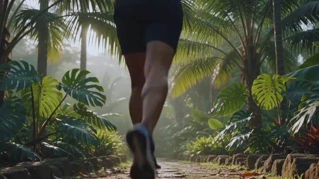 Man Jogging Through Tropical Garden Path at Sunrise